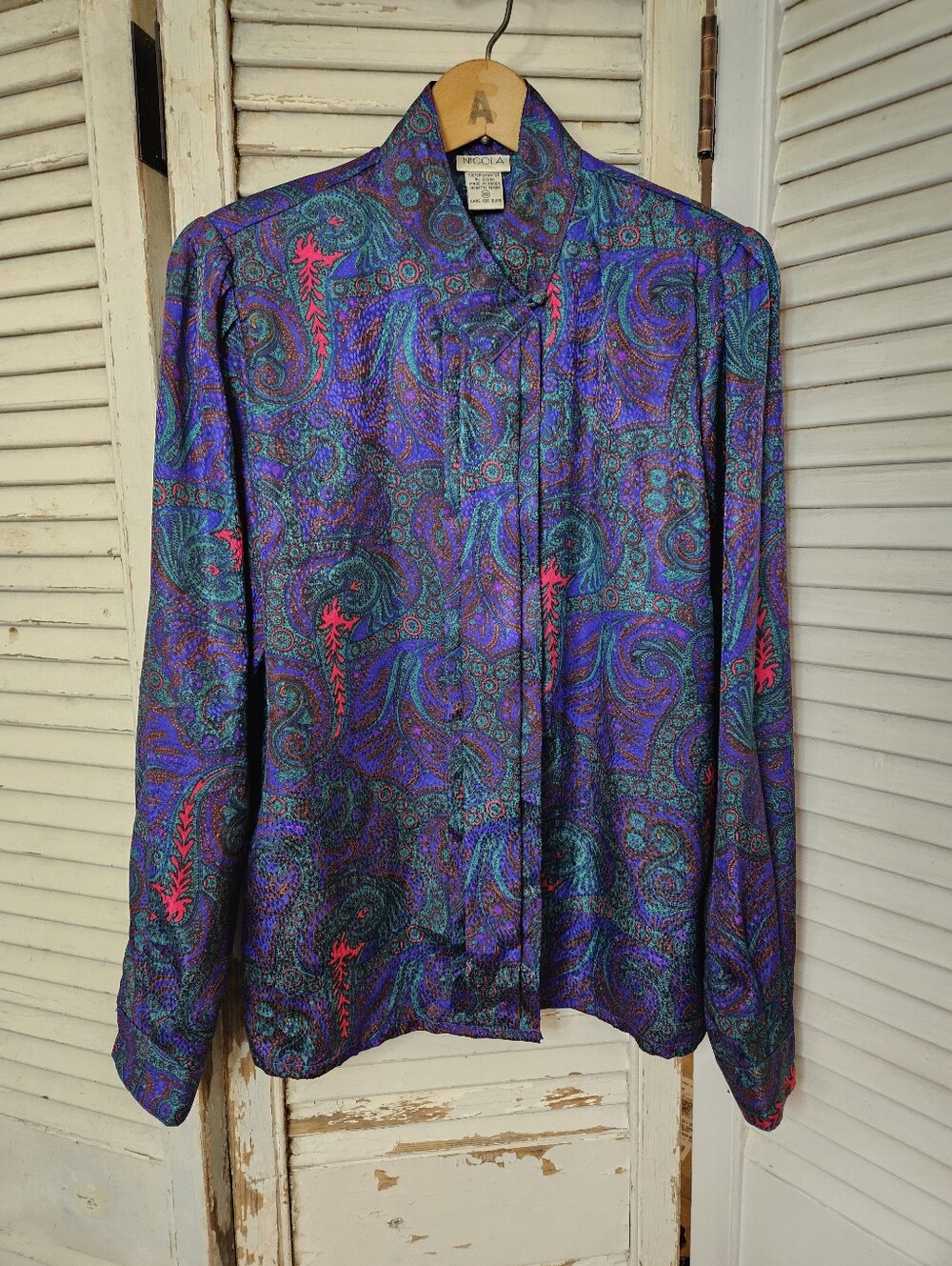 Vintage 80s Purple Paisley Satin Blouse With High Collar Size 10/Medium